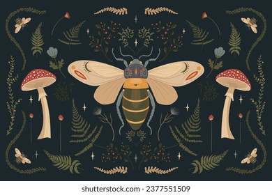 Forest poster, fly agaric, beetle, fern, on a dark background.