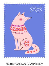 Forest predatory animal wolf in frame on postage stamp in northern winter folklore style with scandinavian knitted pattern. Vector illustration for postcard, sticker, gift wrapping decor.