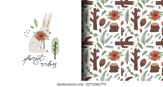 Forest print and pattern. Cute hare and green trees. Cartoon childish print, scandinavian design. Decor textile wrapping paper, nursery wallpaper. Doodle drawing, woodland vector seamless background