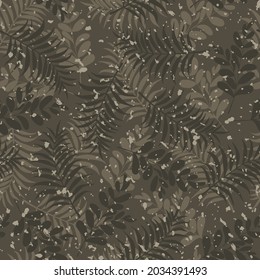 Forest print for T-shirts, clothes. Leaves with paint splashes. Modern pattern.