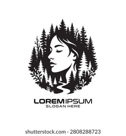 Forest Profile logo portrays a serene human side profile seamlessly blended with a dense woodland scene, capturing the essence of nature and tranquility, perfect for outdoor apparel brands, wellness centers, environmental conservation organizations, or travel agencies looking for an evocative and sophisticated visual identity.