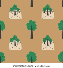 Forest Protection Seamless Pattern with Trees. Environment Awareness Conservation Protection Background with paper envelope and Woodland. Ecology vector illustration