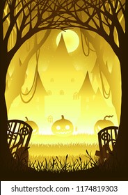 Forest with pumpkin on halloween night.Paper cut light and shadow box.Halloween silhouette paper sculptures lamp.
