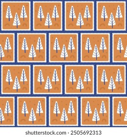 Forest quilted seamless pattern. Winter holiday tress repeat background. Happy New Yea patchwork endless design. Vector hand drawn illustration.