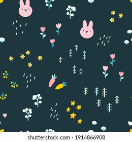 Forest rabbit seamless pattern. Cute character with carrots and flowers. Baby cartoon vector in simple hand-drawn Scandinavian style. Nursery illustration on dark background.