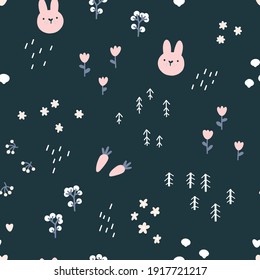Forest rabbit seamless pattern. Cute character with carrots and flowers. Baby cartoon vector in simple hand-drawn Scandinavian style. Nursery illustration on dark background.