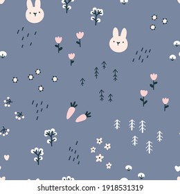 Forest rabbit seamless pattern. Cute character with carrots and flowers. Baby cartoon vector in simple hand-drawn Scandinavian style. Nursery illustration in pastel colors.