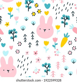 Forest rabbit seamless pattern. Cute character with carrots and flowers. Baby cartoon vector in simple hand-drawn Scandinavian style. Nursery illustration on white background.