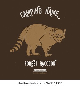 Forest raccoon vector illustration. European animals silhouettes with lettering chalk board. Camping logo design.