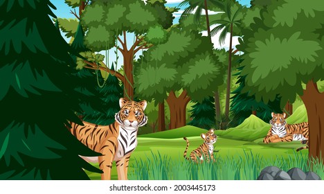 Forest or rainforest scene with tiger family illustration