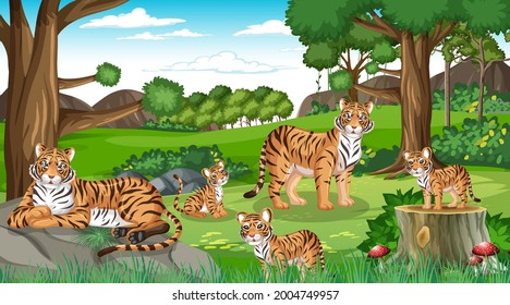 Forest or rainforest scene with tiger family illustration