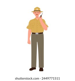 Forest ranger cartoon character speaking with walkie talkie digital device vector illustration