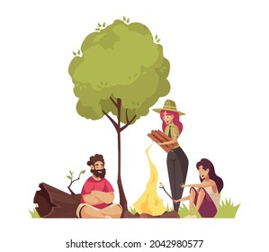 Forest ranger cartoon composition with people making fire vector illustration