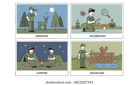 Forest ranger daily activities including wildlife observation, nature documenting, campfire, and beaver dam inspection.