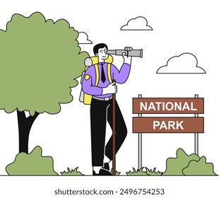 Forest ranger with telescope. Man in uniform in national park. Protecting nature and environment. Ensuring safety in forests and parkland. Linear vector illustration isolated on white background