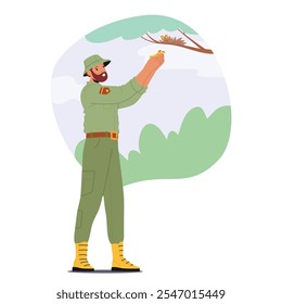 Forest ranger in uniform saving life of little birdie fallen down from nest providing professional environment inspection service in national park vector illustration. Wildlife protection concept