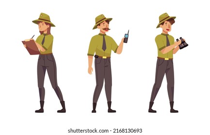 Forest Rangers In Khaki Uniform Working Protecting And Preserving Nature Vector Illustration