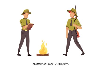 Forest Rangers In Khaki Uniform Working In National Parks Vector Illustratio