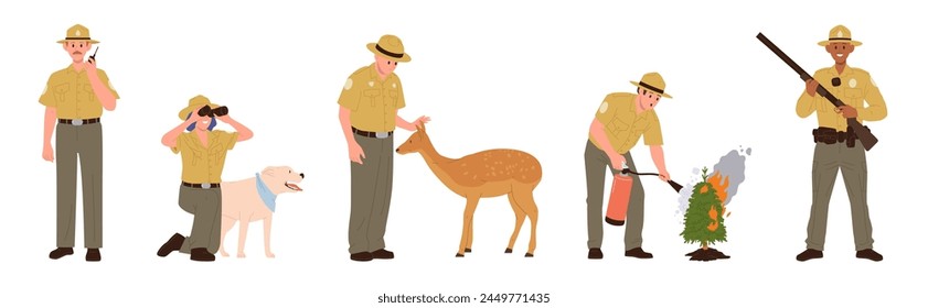 Forest rangers, park keepers and environmental police guardsman cartoon characters isolated set