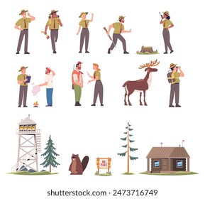 Forest rangers. Park ranger cartoon characters, environment preserve officer tree keeper wildlife guard, female scout or hunter man on lookout tower, set classy vector illustration of character ranger