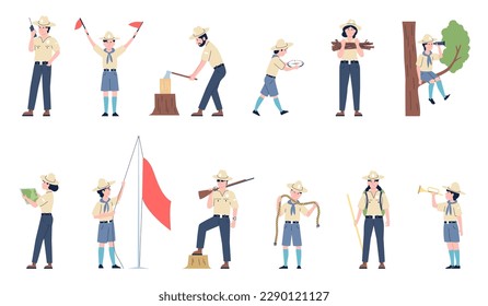 Forest rangers, preserve nature park workers. Adults and childrens scouts in costumes. Environment explorers and adventures, recent flat vector set