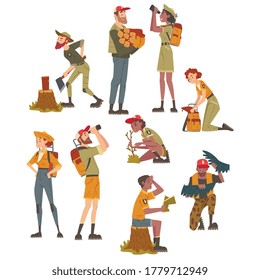 Forest Rangers at Working Set, National Park Service Employee Characters in Uniform Cartoon Style Vector Illustration