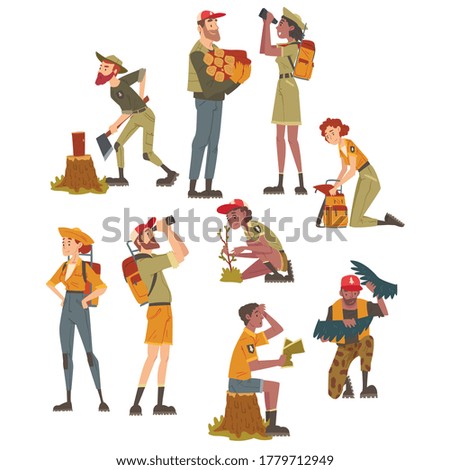 Forest Rangers at Working Set, National Park Service Employee Characters in Uniform Cartoon Style Vector Illustration