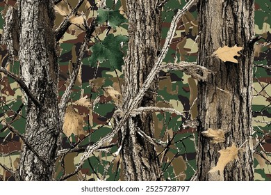 Forest real tree hunting camouflage seamless pattern design for military and hunting uniform. Hunting camouflage 