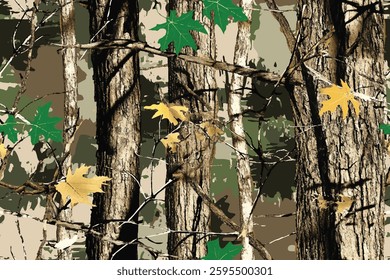 Forest real tree hunting camouflage seamless pattern design for military and hunting uniform. Hunting camouflage. Vector woodland camouflage background