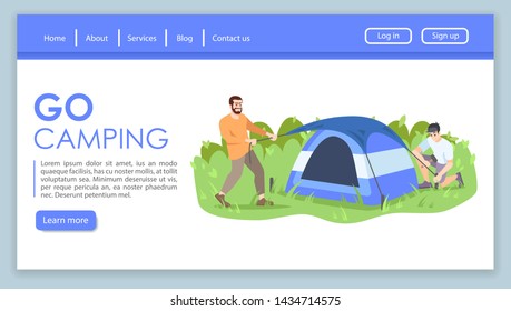 Forest recreation landing page vector template. Tourism agency website interface idea with flat illustrations. Summer outdoor travels homepage layout. Go camping web banner, webpage cartoon concept 