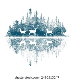 Forest reflected in the lake, deer in the forest, vector sketch, imitation of a pencil drawing