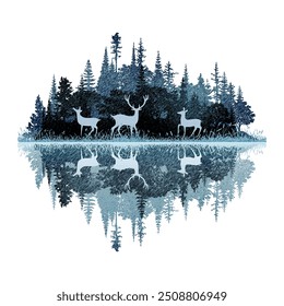 Bosque reflejado en el lago, ciervos en el bosque, bosquejo de Vector, imitación de un dibujo a lápiz