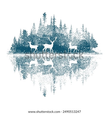 Forest reflected in the lake, deer in the forest, vector sketch, imitation of a pencil drawing