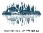 Forest reflected in the lake, vector sketch, imitation of a pencil drawing