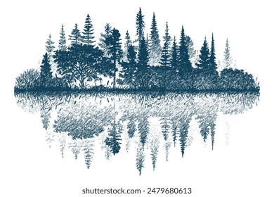 Forest reflected in the lake, vector sketch, imitation of a pencil drawing