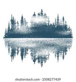 Bosque reflejado en el lago, boceto de Vector, imitación de un dibujo a lápiz