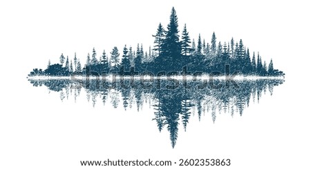 Forest reflected in the lake, vector sketch, imitation of a pencil drawing