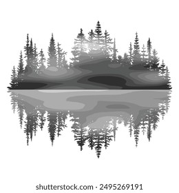 Forest reflected in water, wild lake, black and white landscape