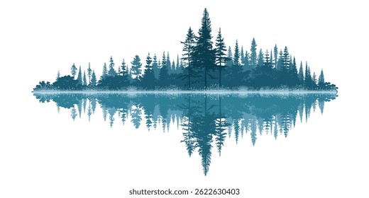 Forest reflected in water, wild lake, forest island, isolated on a white background