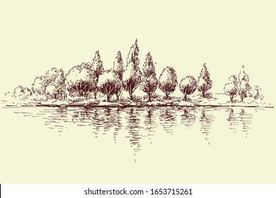 Forest reflecting in water, trees panorama on river shore