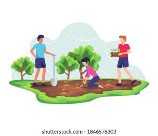 Forest reforestation concept. Planting trees and sustainable ecosystem, Environmental agriculture to save earth ecology. Nature care development for fresh and clean air. Vector in flat style