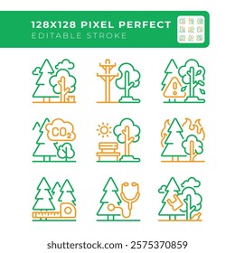 Forest related two color line icons set. Environmental conservation. Tree care. Reforestation. Forest risks. Bicolor outline iconset isolated. Duotone pictograms thin linear. Editable stroke