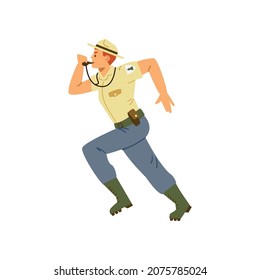 Forest or reserve ranger cartoon character running, flat vector illustration isolated on white background. Ranger officer guard male cartoon character.