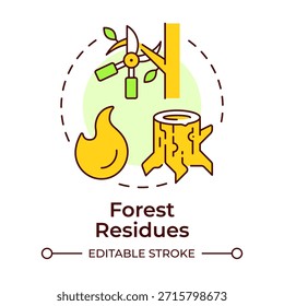 Icono de concepto multicolor de residuos forestales. Gestión forestal, recolección de madera. Corte de árboles. Ilustración de línea de forma redonda. Abstractas idea. Diseño gráfico. Fácil de usar en el artículo, folleto