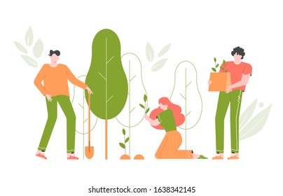 Forest Restoration, Reforestation Planting New Trees, Environment Day. Characters With Seedlings And A Shovel. Vector Flat Illustration.