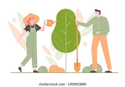 Forest restoration, reforestation planting new trees, environment day. Male and female characters with watering can and a shovel. Vector flat illustration.