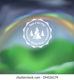 Forest ribbon over a blurred mountain rainbow background vector illustration