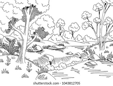 Forest river graphic black white waterfall landscape sketch illustration vector