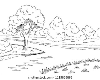 Forest river graphic black white landscape sketch illustration vector
