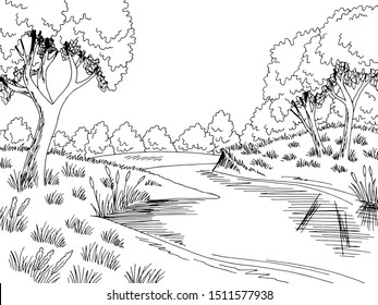 Forest river graphic black white landscape sketch illustration vector